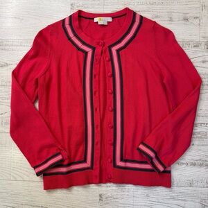 Boden Hot Pink Cardigan Sweater with Green Striped Trim